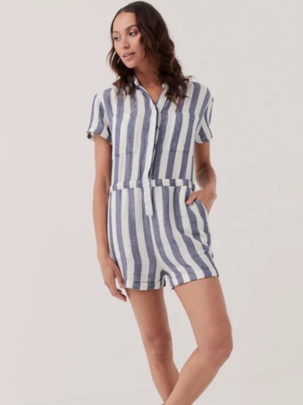 Pact Organic Cotton Hemp Striped Romper Blue White Pockets Large